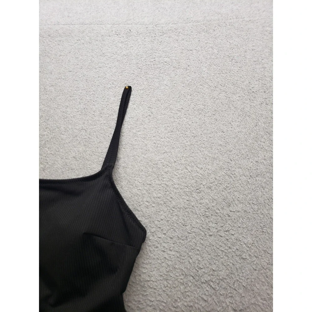 H&M Women Swimsuit S Black Belted Waist Gold Buckle Square Neck Summer Beach
